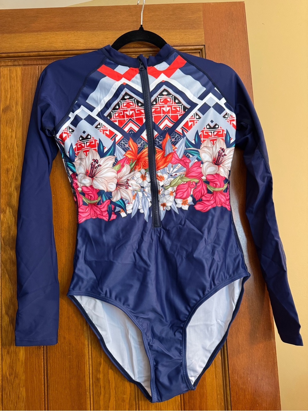 Navy Long-Sleeve Floral One-Piece Swimsuit with Front Zip